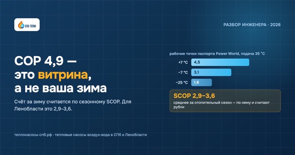 Инфографика «COP 4,9 — это витрина, а не ваша зима»: рабочие точки паспорта Power World при подаче 35 °C — 4,5 при +7 °C, 3,1 при −7 °C, 1,6 при −25 °C — и сезонный SCOP 2,9–3,6