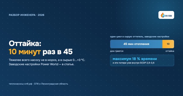 Инфографика: оттайка теплового насоса — полоса цикла 45 минут отопления и 10 минут оттайки, максимум 18 % времени